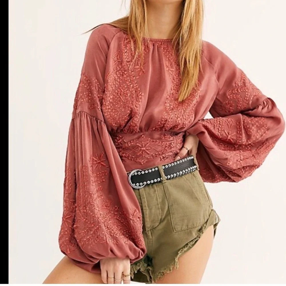 Free People Embroidered Top Womens Sz S Boho Satin Balloon Sleeve Festival